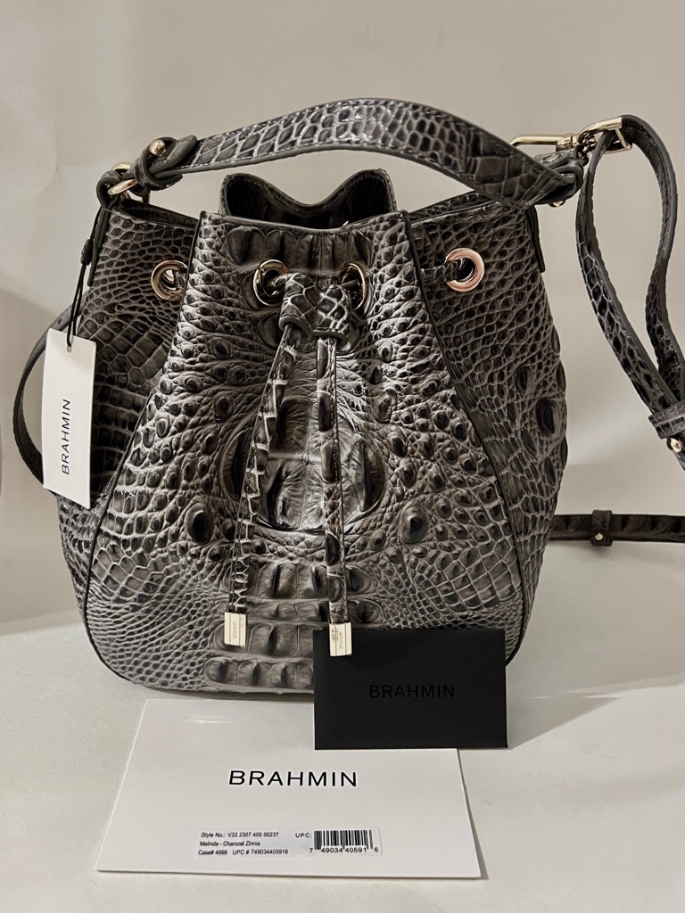 Nwt Brahmin Melinda Bucket Bag Gray Crocodile-Embossed Leather Drawstring